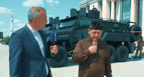 Kadyrov interviewed next to an “Akhmat-mobile”. Screenshot of a video https://rutube.ru/video/261ff682dd66eb031617d9a596421c4c/?t=5 Kadyrov interviewed next to an “Akhmat-mobile”. Screenshot of a video https://rutube.ru/video/261ff682dd66eb031617d9a596421c4c/?t=5
