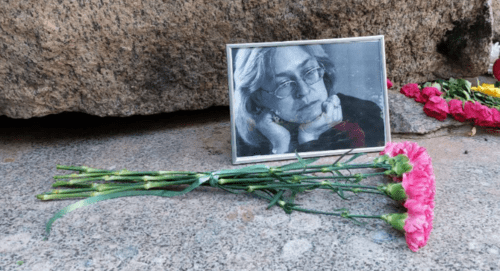 Anna Politkovskaya's portrait and flowers laid at the Solovetsky Stone. Screenshot of the photo posted on the Telegram channel of Boris Vishnevsky* (included into the register of foreign agents) on October 7, 2024 https://t.me/visboris/12045 Anna Politkovskaya's portrait and flowers laid at the Solovetsky Stone. Screenshot of the photo posted on the Telegram channel of Boris Vishnevsky* (included into the register of foreign agents) on October 7, 2024 https://t.me/visboris/12045