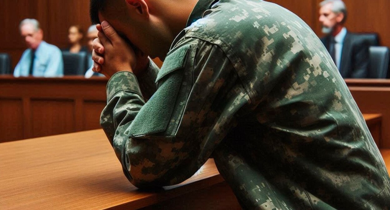 A serviceman in a court. Picture created by the "Caucasian Knot" in Photoshop A serviceman in a court. Picture created by the "Caucasian Knot" in Photoshop