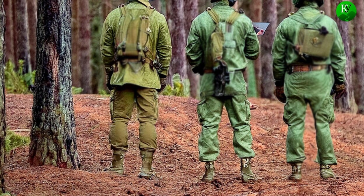 Militaries standing in a forest. Picture made in Photoshop by the "Caucasian Knot" Militaries standing in a forest. Picture made in Photoshop by the "Caucasian Knot"
