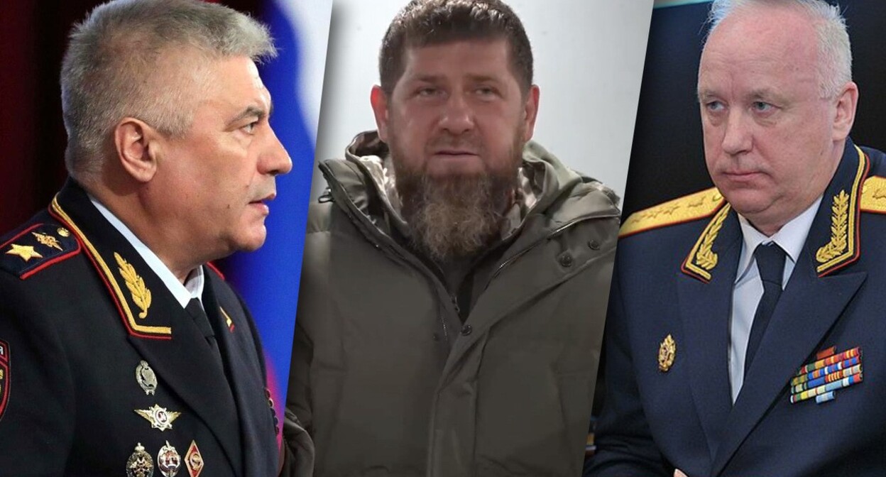 Vladimir Kolokoltsev, Ramzan Kadyrov and Alexander Bastrykin. Collage by the "Caucasian Knot". Photos: http://kremlin.ru Screenshot of a video: https://t.me/RKadyrov_95 Vladimir Kolokoltsev, Ramzan Kadyrov and Alexander Bastrykin. Collage by the "Caucasian Knot". Photos: http://kremlin.ru Screenshot of a video: https://t.me/RKadyrov_95