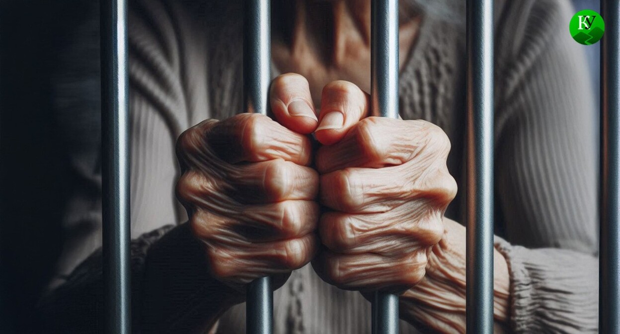 A pensioner woman behind the bars. Picture made in Photoshop by the "Caucasian Knot" A pensioner woman behind the bars. Picture made in Photoshop by the "Caucasian Knot"