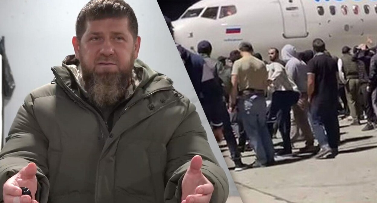 Ramzan Kadyrov and participants in mass riots at Makhachkala Airport. Collage by the "Caucasian Knot". Screenshot of a video: https://t.me/RKadyrov_95 and screnshot of a video from the Telegram channel "Ranshe Vsekh" Ramzan Kadyrov and participants in mass riots at Makhachkala Airport. Collage by the "Caucasian Knot". Screenshot of a video: https://t.me/RKadyrov_95 and screnshot of a video from the Telegram channel "Ranshe Vsekh"