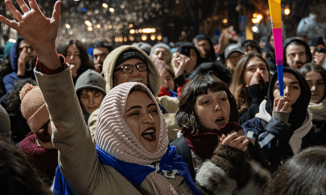 Protesters near the Georgian Parliament. Screenshot of a photo posted by Publika on January 22, 2025, https://www.facebook.com/photo?fbid=1353914396008107&amp;set=pcb.1353914472674766 the activities of the Meta Company, owning Facebook, are banned in Russia