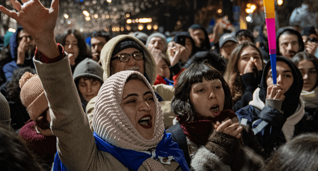 Protesters near the Georgian Parliament. Screenshot of a photo posted by Publika on January 22, 2025, https://www.facebook.com/photo?fbid=1353914396008107&set=pcb.1353914472674766 the activities of the Meta Company, owning Facebook, are banned in Russia Protesters near the Georgian Parliament. Screenshot of a photo posted by Publika on January 22, 2025, https://www.facebook.com/photo?fbid=1353914396008107&set=pcb.1353914472674766 the activities of the Meta Company, owning Facebook, are banned in Russia