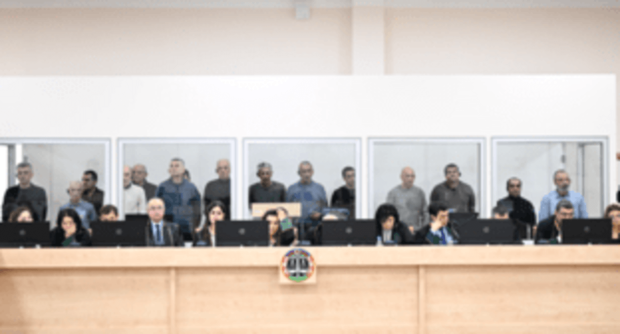 The defendants in the case against former leaders of Nagorno-Karabakh. Photo posted by the Azertac News Agency on January 17, 2025 https://azertag.az/ru/xeber/nachalsya_sud_nad_licami_obvinyaemymi_v_sovershenii_mnogochislennyh_prestuplenii_v_rezultate_voennoi_agressii_armenii-3377931