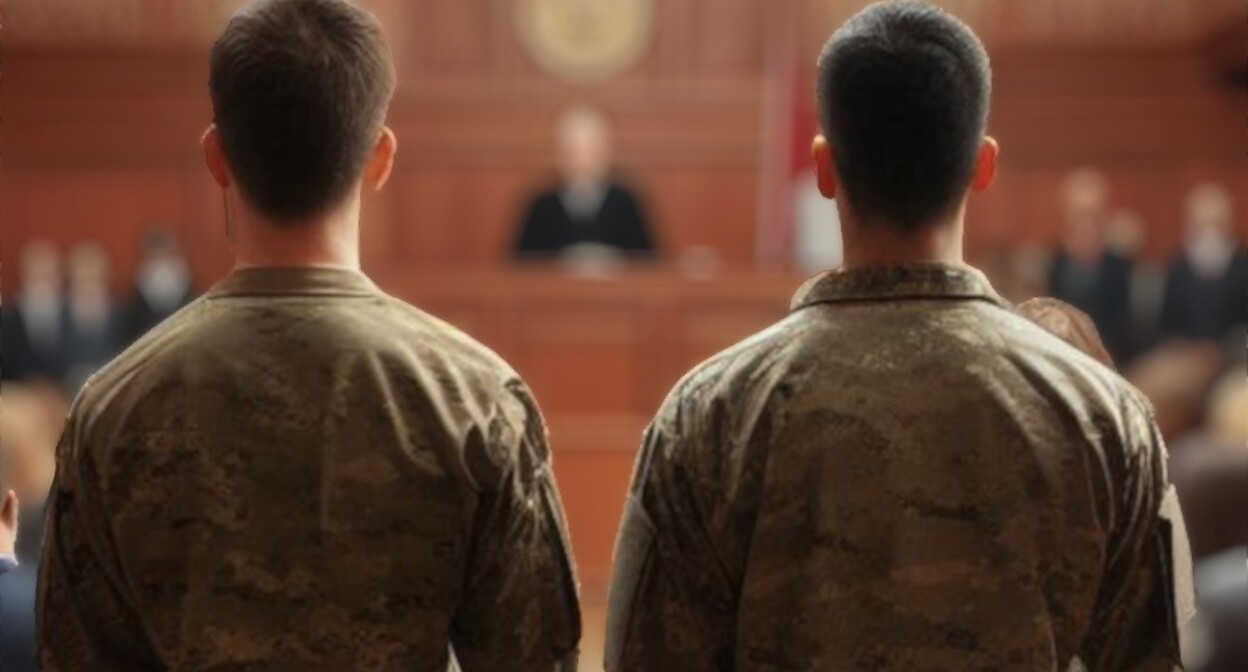 Military servicemen in a court. Picture made in Copilot by the "Caucasian Knot" Military servicemen in a court. Picture made in Copilot by the "Caucasian Knot"
