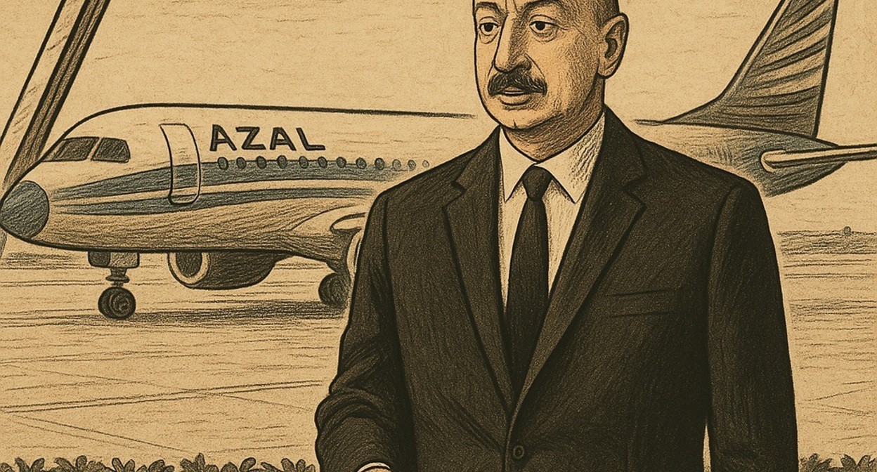 Ilham Aliev and the plane. Illustration created by the “Caucasian Knot” using AI in the Copilot software Ilham Aliev and the plane. Illustration created by the “Caucasian Knot” using AI in the Copilot software