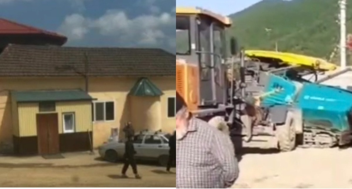 The mosque building in Leninaul and construction equipment at the site of the demolished mosque. Footage by auh_media from May 10, 2025, https://www.instagram.com/p/DJfLKA9sWTp/(On March 21, 2022, the Tverskoi Court of Moscow banned the activities in Russia of the Meta Company, owning the Facebook, Instagram, and WhatsApp, in connection with extremist activities.). Collage by Caucasian Knot. The mosque building in Leninaul and construction equipment at the site of the demolished mosque. Footage by auh_media from May 10, 2025, https://www.instagram.com/p/DJfLKA9sWTp/(On March 21, 2022, the Tverskoi Court of Moscow banned the activities in Russia of the Meta Company, owning the Facebook, Instagram, and WhatsApp, in connection with extremist activities.). Collage by Caucasian Knot.