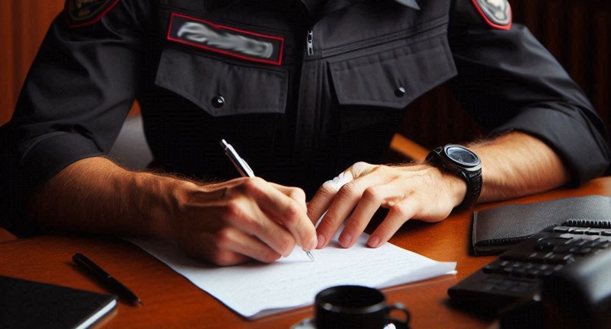 A policeman records a denunciation: illustration created by the "Caucasian Knot" by using the AI in the Copilot software. A policeman records a denunciation: illustration created by the "Caucasian Knot" by using the AI in the Copilot software.