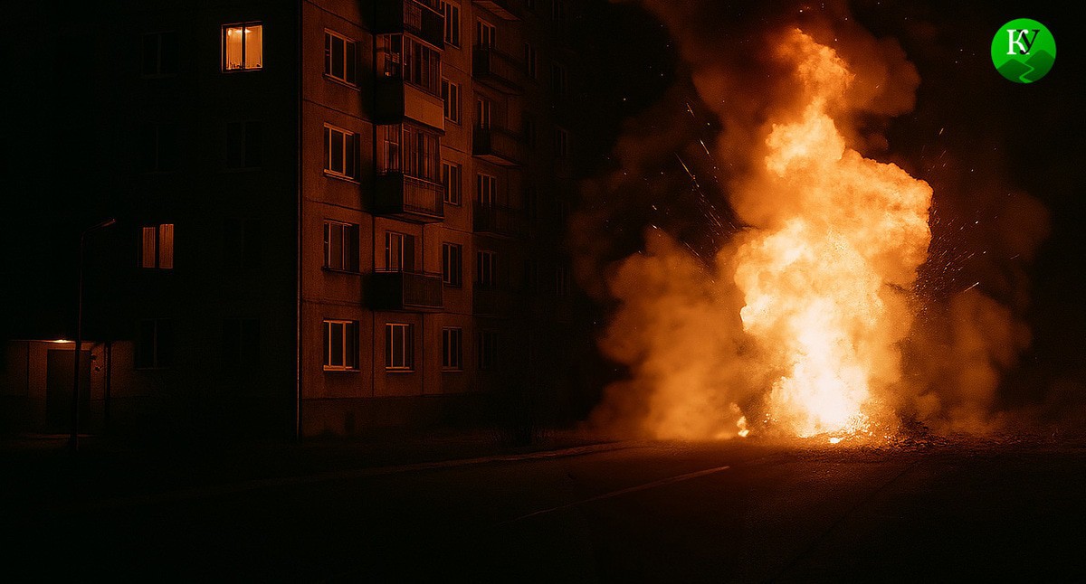 Explosion near a residential building: the illustration was created by the "Caucasian Knot" by using the AI in the Copilot software.
