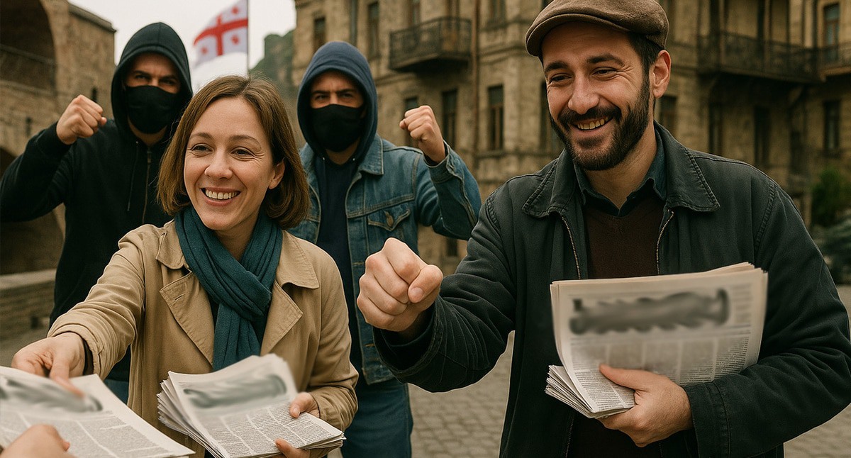 An attack on activists. Illustration created by Caucasian Knot by using AI in Copilot software.