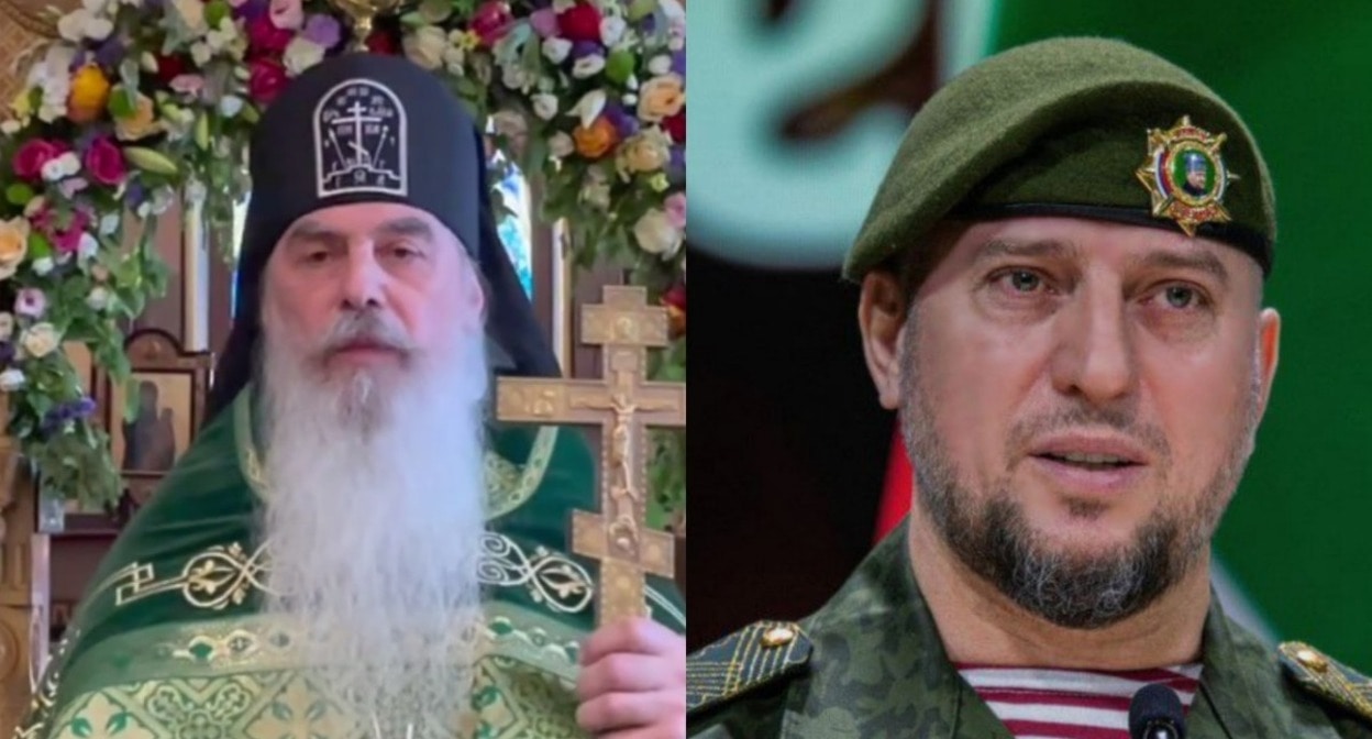 Schema-Abbot Gabriel and Apti Alaudinov. Collage by Caucasian Knot. Apti Alaudinov's TG-channels https://t.me/AptiAlaudinovAKHMAT/11368 and a still frame of the video "Sermons of Szygumen Gabriel" https://t.me/igumenN/1083 from 12.06.25.
Schema-Abbot Gabriel and Apti Alaudinov. Collage by Caucasian Knot. Apti Alaudinov's TG-channels https://t.me/AptiAlaudinovAKHMAT/11368 and a still frame of the video "Sermons of Szygumen Gabriel" https://t.me/igumenN/1083 from 12.06.25.
