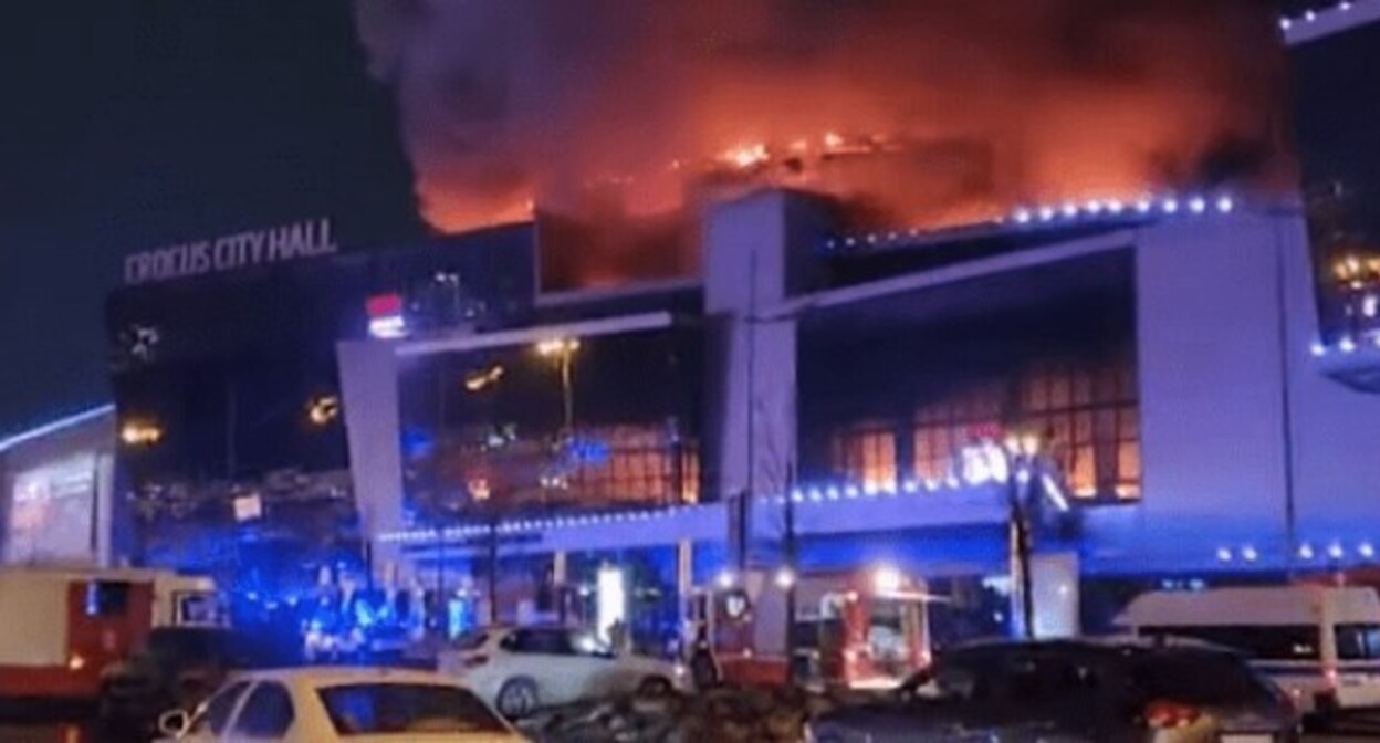Fire in the “Crocus City Hall” concert hall after the terrorist attack. A still frame by the RTVI news broadcast www.youtube.com/watch?v=b9SXUpgUNP4.
Fire in the “Crocus City Hall” concert hall after the terrorist attack. A still frame by the RTVI news broadcast www.youtube.com/watch?v=b9SXUpgUNP4.
