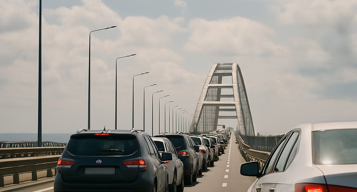 Traffic jam before the bridge. Illustration created by "Caucasian Knot" with the help of AI in the Copilot program Traffic jam before the bridge. Illustration created by "Caucasian Knot" with the help of AI in the Copilot program