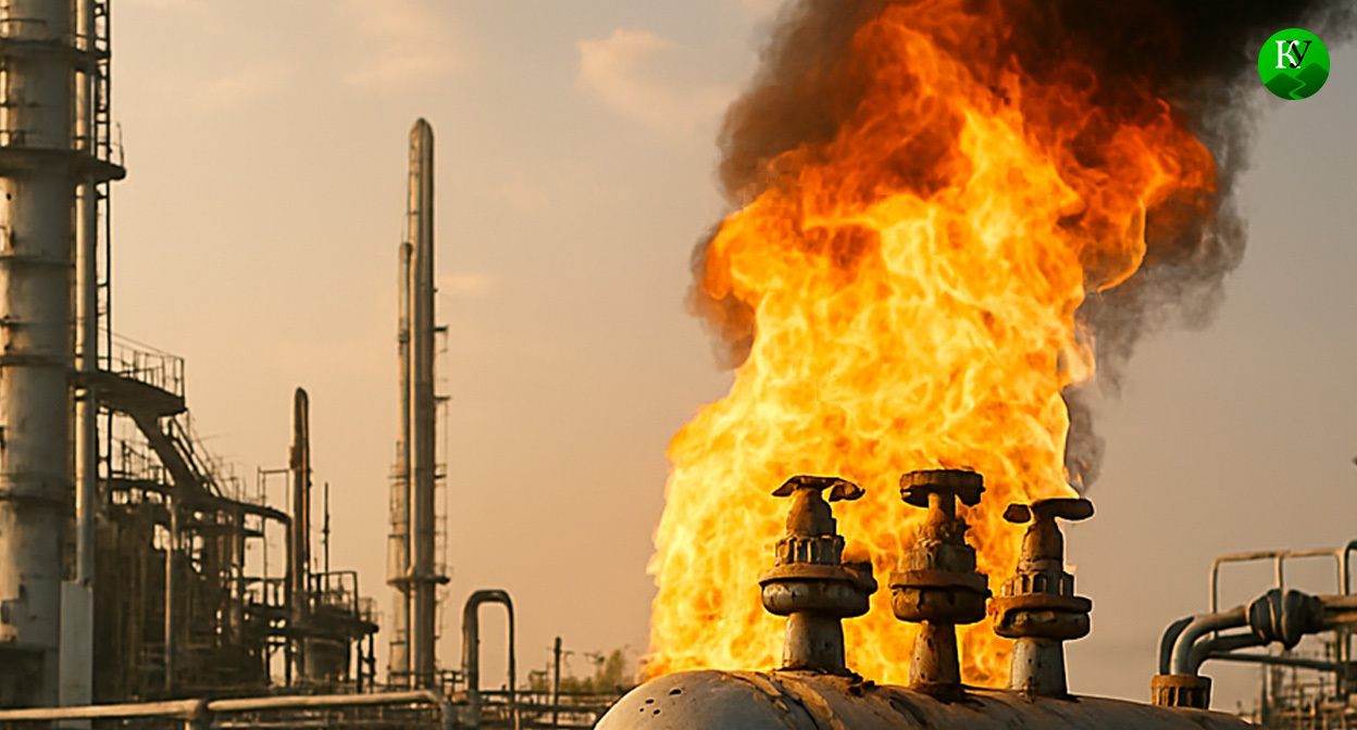 Oil refinery fire. Illustration created by Caucasian Knot using AI in the Copilot program.