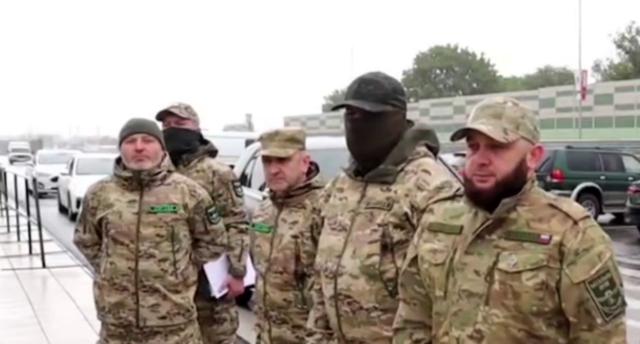 Fighters from the Erzi Battalion. Still from a video from Makhmud-Ali Kalimatov's Telegram channel, September 30, 2025, https://t.me/MAKalimatovvv/9821.