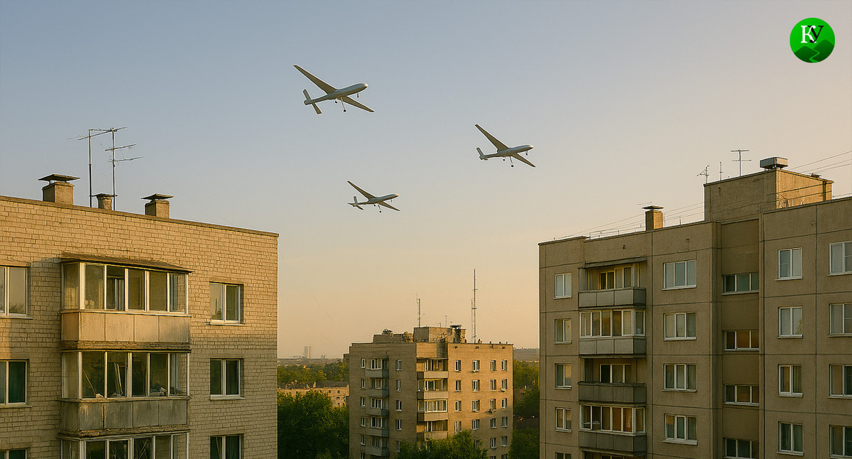A drone over the city. Illustration created by the Caucasian Knot using AI in the Copilot program