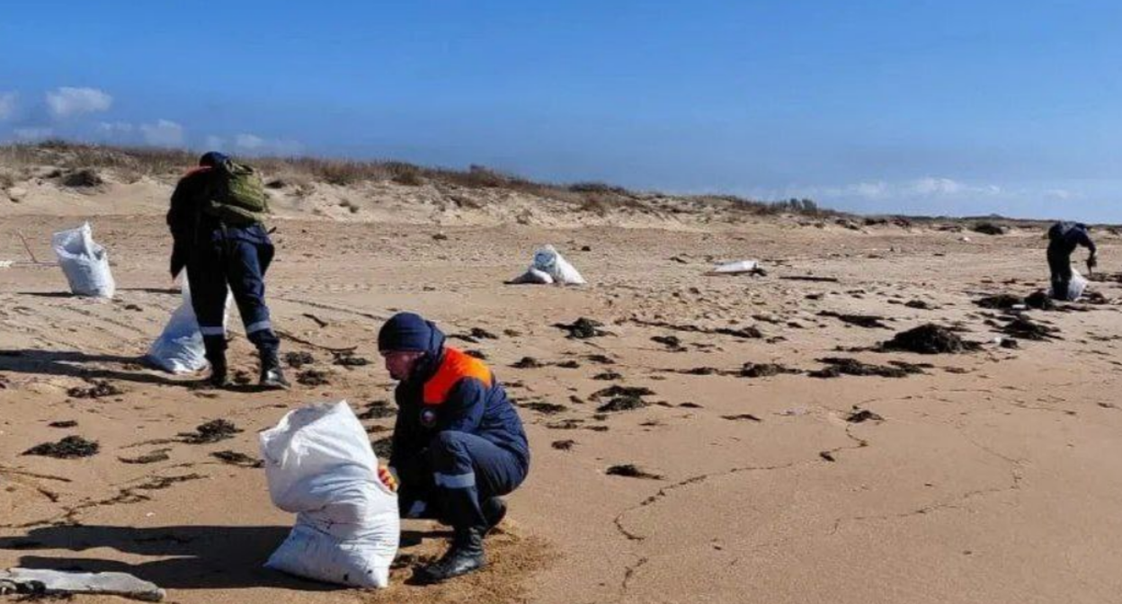 Cleaning up fresh fuel oil emissions. Screenshot from the Krasnodar Krai Emergency Response Team, November 1, 2025, https://t.me/opershtab23/14374?single