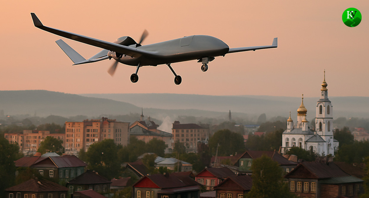 A drone over a populated area. Illustration created by the Caucasian Knot using AI in the Copilot program.