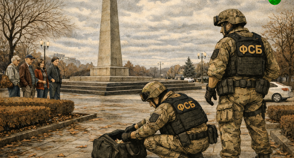 A bag in the square. Illustration created by the "Caucasian Knot" using AI in the ChatGPT program.