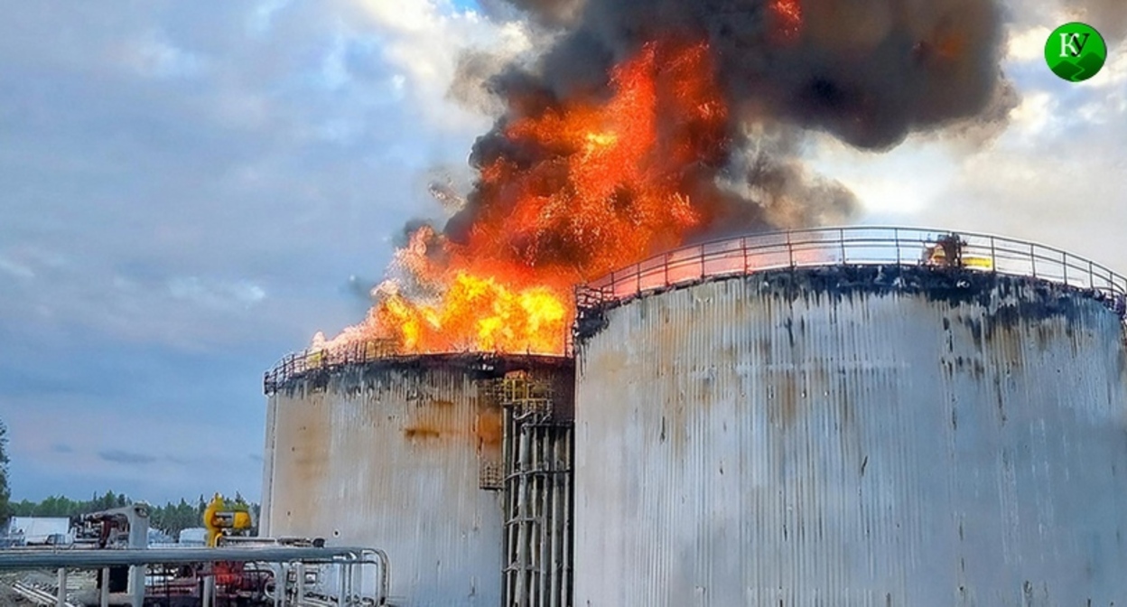 Fire at an oil depot. Illustration created by the "Caucasian Knot" using AI in the Copilot program.