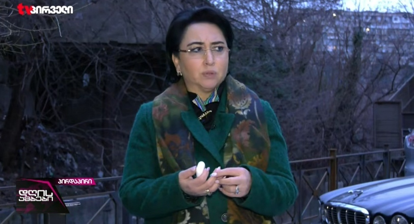 Eka Beselia. Still from a TV Pirveli report: https://tvpirveli.ge/ka/siaxleebi/politika/120376-propagandistuli-mediit-tavdaskhmebi-mas-shemdeg-daitsko-rats-shvilis-eqspertizaze