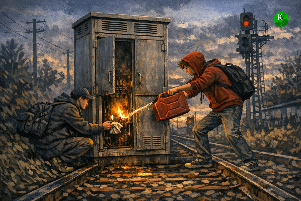 Teenagers set fire to a relay cabinet. Illustration created by Caucasian Knot using AI in the Copilot program.
