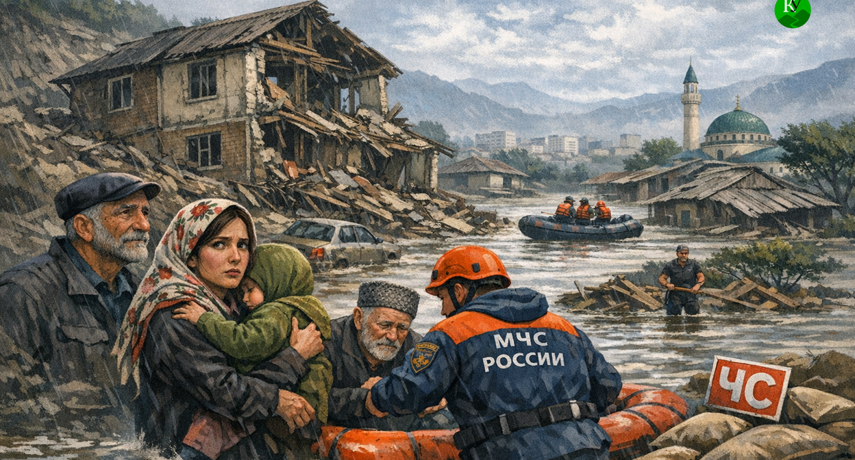 Flooding in Dagestan. Illustration created by the "Caucasian Knot" using AI in the Copilot program.