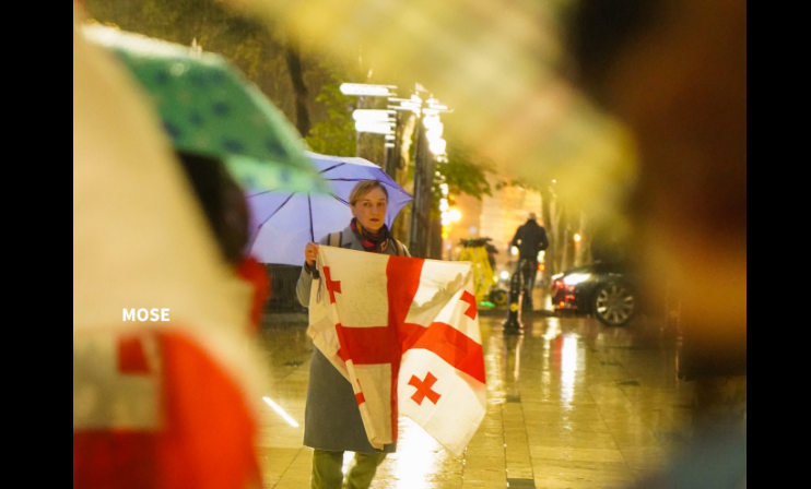 An activist outside the Georgian parliament. Screenshot of a photo by Mo Se from April 12, 2026, https://www.facebook.com/photo?fbid=4276759392638800&set=pcb.4276760289305377 (Meta, the company that owns the social network, is banned in Russia).