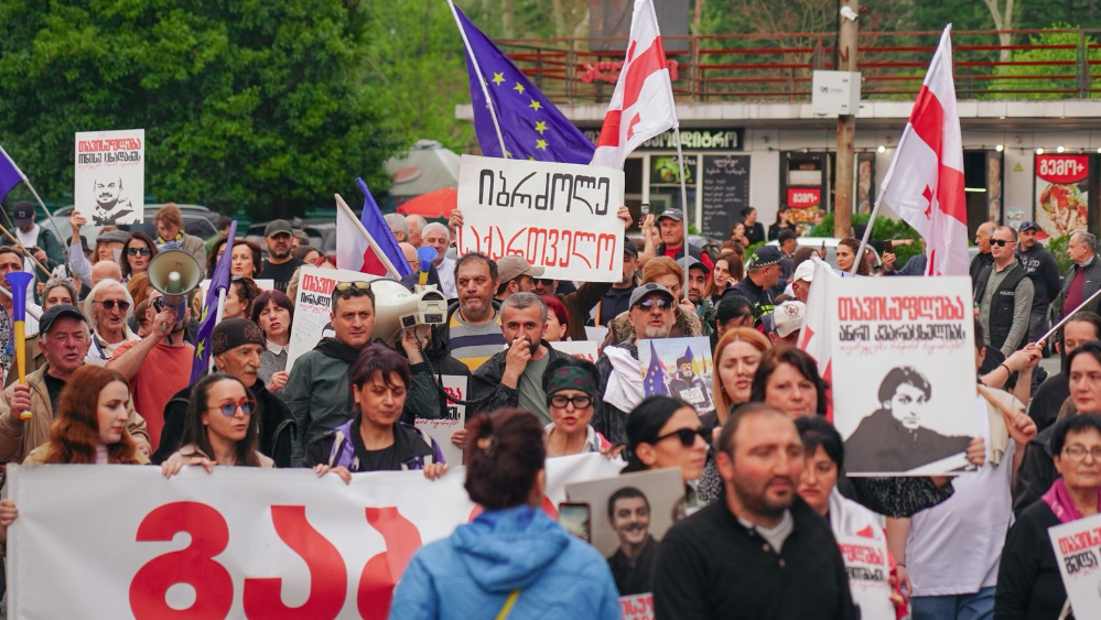 Protesters in Zugdidi. Screenshot of a photo by Mo Se from April 26, 2026, https://www.facebook.com/photo?fbid=4290374601277279&set=pcb.4290374881277251.