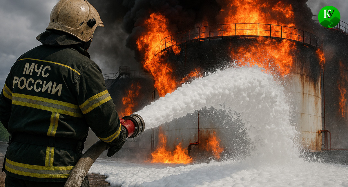 Fire at an oil storage tank. Illustration created by Caucasian Knot using AI in the Copilot program.