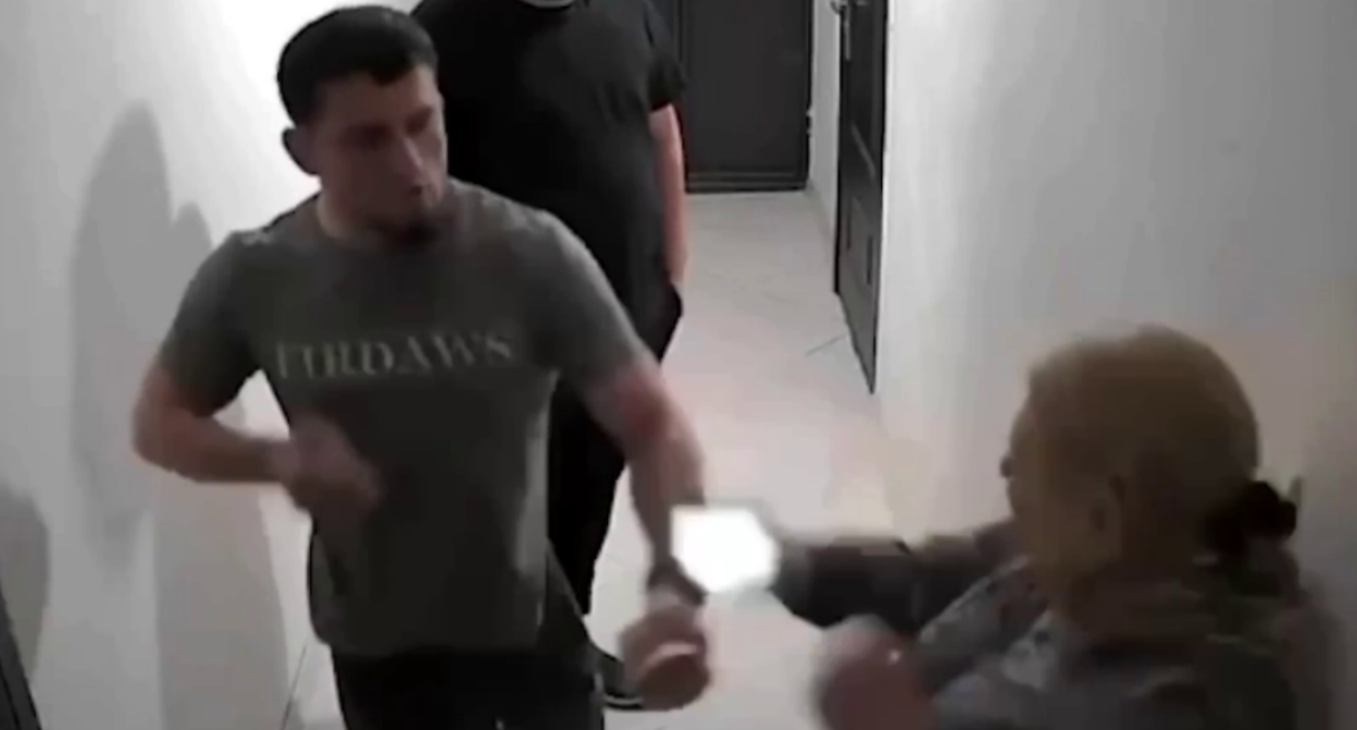 An Akhmat fighter beats a woman. Still from Sapa Kavkaz, May 16, 2026, https://t.me/sapakavkaz/7165. An Akhmat fighter beats a woman. Still from Sapa Kavkaz, May 16, 2026, https://t.me/sapakavkaz/7165.
