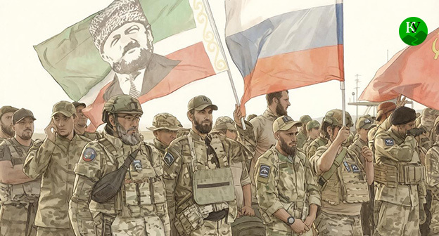Volunteers from Chechnya before being sent to Ukraine. Illustration created by the "Caucasian Knot" using AI in the Copilot program.