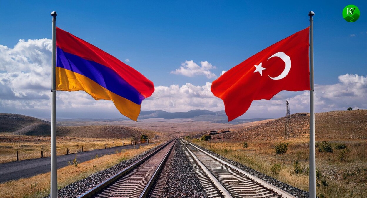 Armenian and Turkish flags near a railway. Illustration created by the Caucasian Knot using AI in Photoshop.