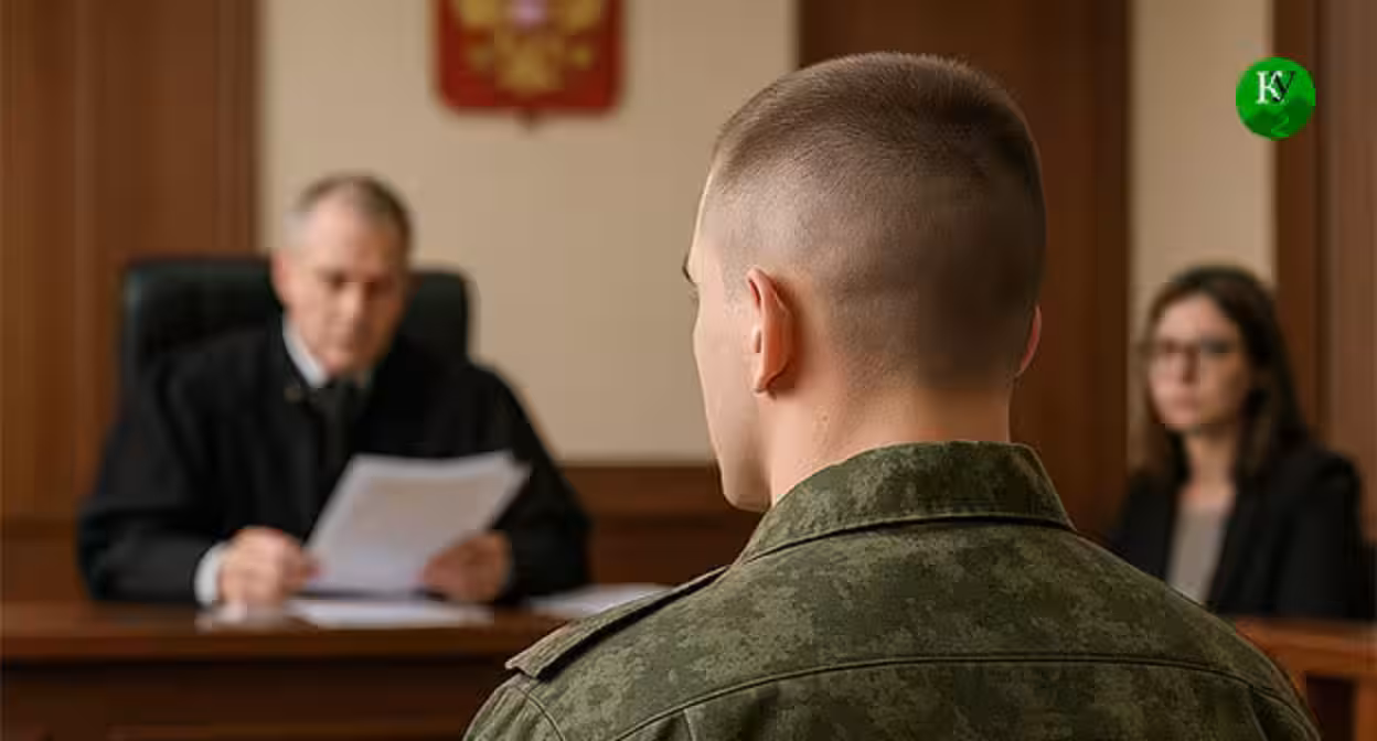 A serviceman in a courtroom. Illustration created by the "Caucasian Knot" using AI in the Copilot program.