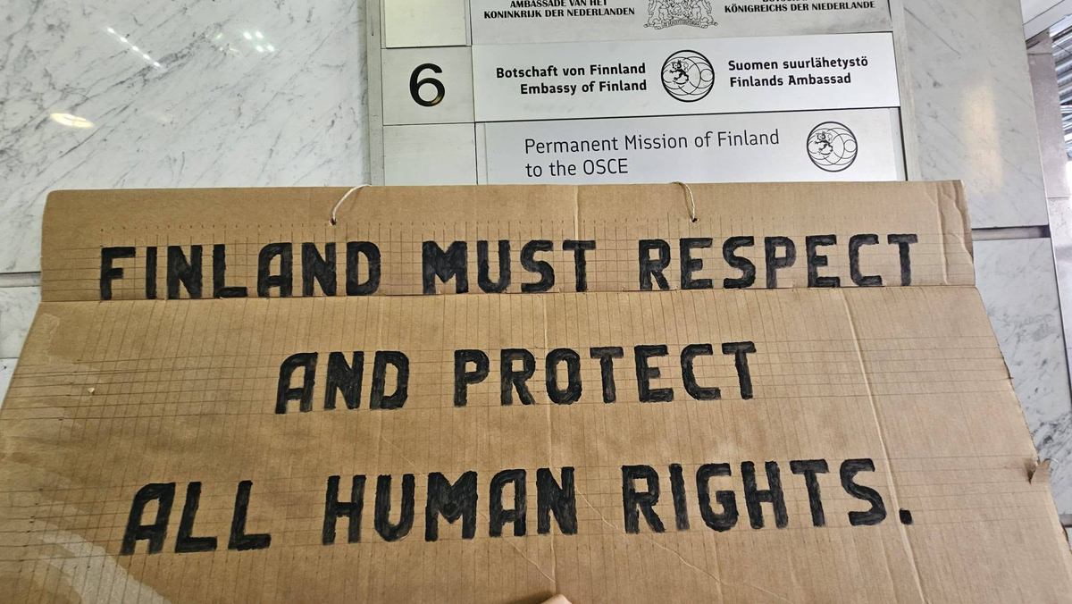 A banner calling on Finnish authorities to protect human rights. Screenshot from https://www.facebook.com/profile.php?id=61588263911571 (Meta (owner of Facebook, Instagram, and WhatsApp) is banned in Russia).