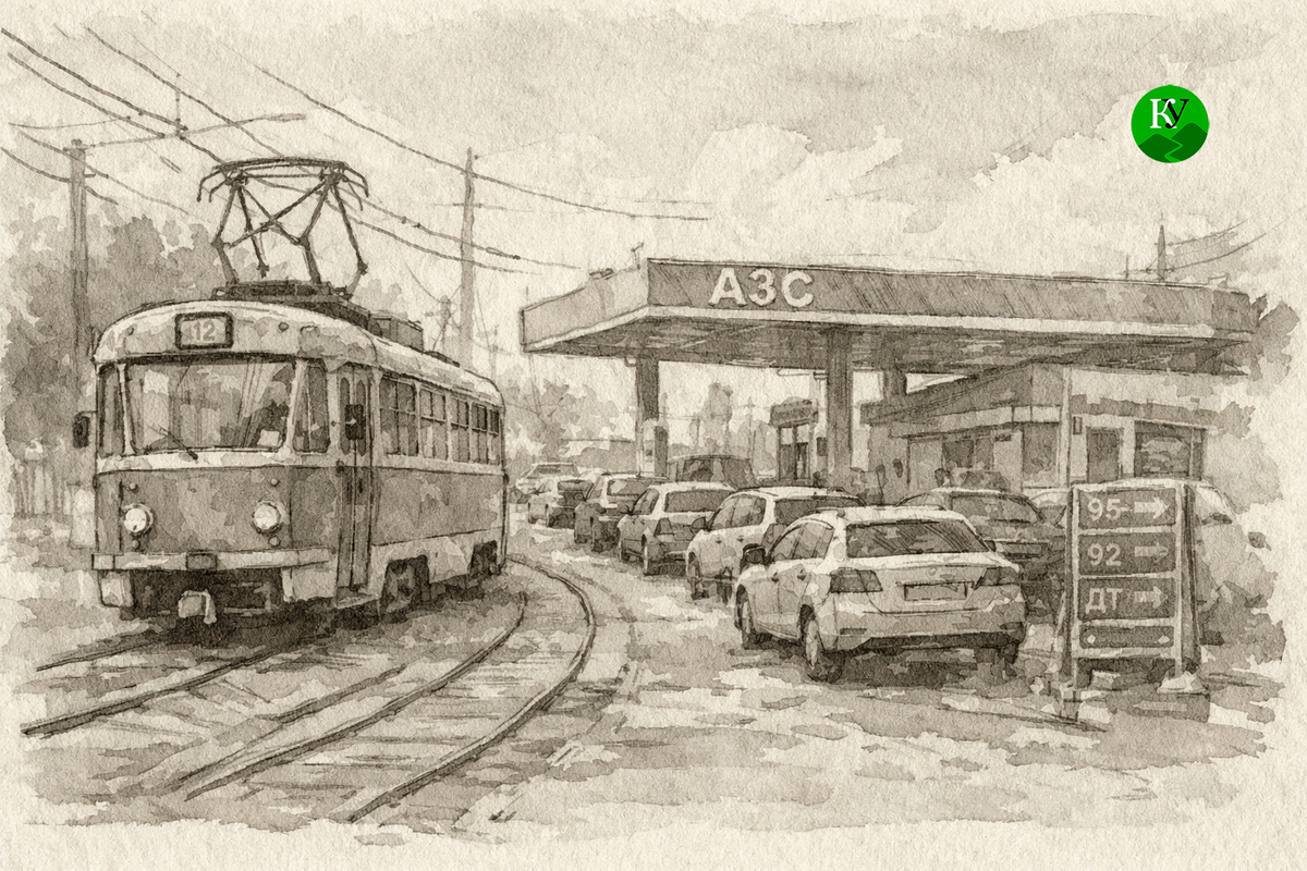 Tram against the backdrop of a gas station. Illustration created by "Caucasian Knot" using AI in the Copilot program. Tram against the backdrop of a gas station. Illustration created by "Caucasian Knot" using AI in the Copilot program.