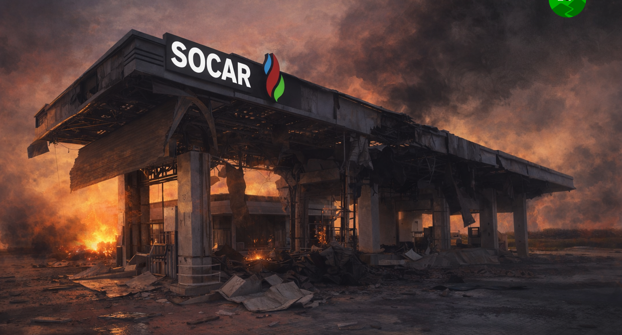 Burning gas station. The illustration was created by the "Caucasian Knot" using AI in the Copilot program.