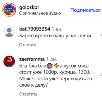 Comment on the page https://www.instagram.com/goloskbr/reel/Da6AinnsOfQ (the activities of the Meta company (owner of Facebook, Instagram, and WhatsApp) are banned in Russia)