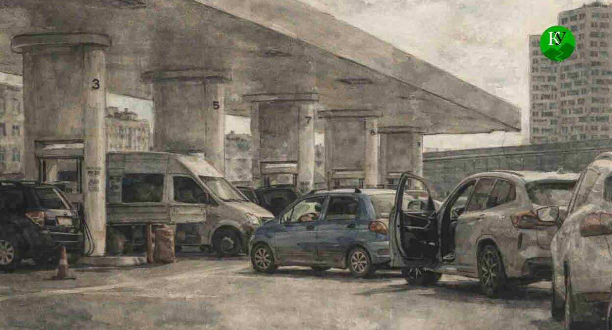 Queue at the gas station. Illustration created by "Caucasian Knot" using AI in the Copilot program.