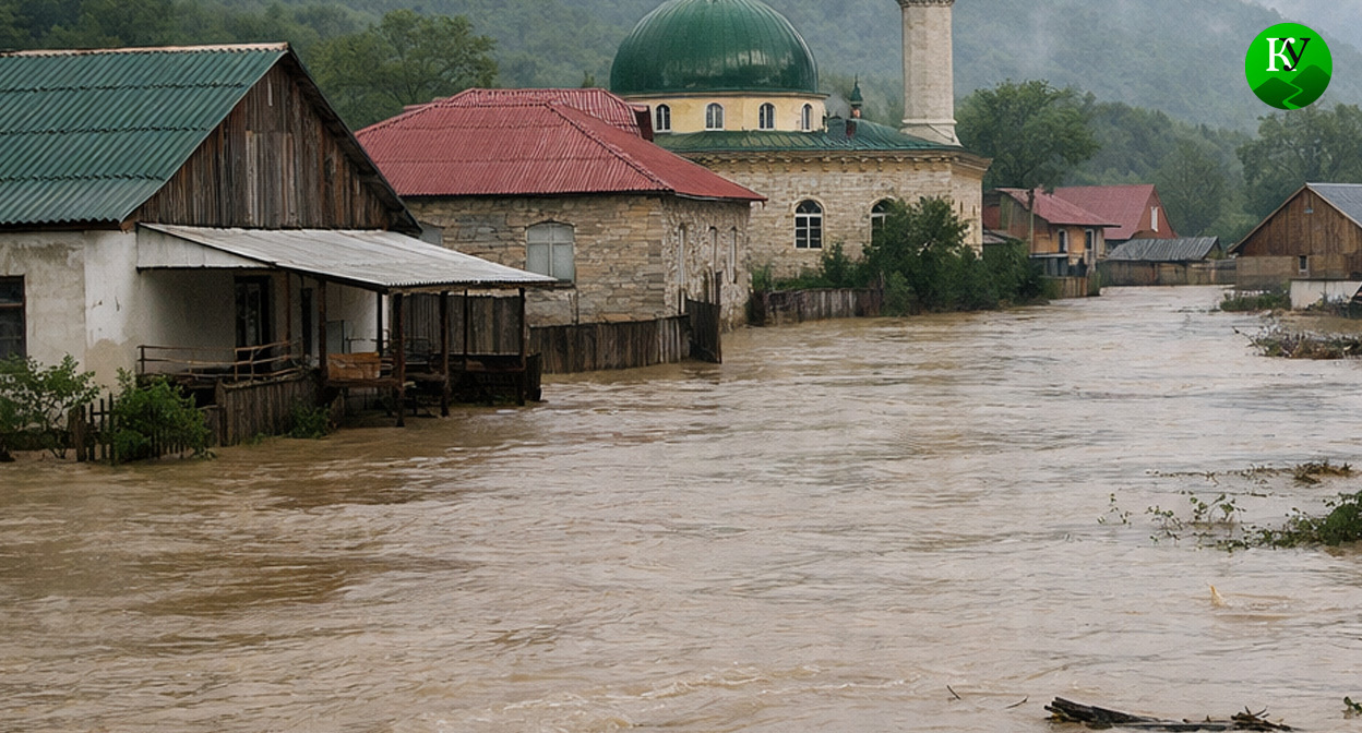 Flood in the mountain village. Illustration created by "Caucasian Knot" using AI in the Copilot program.