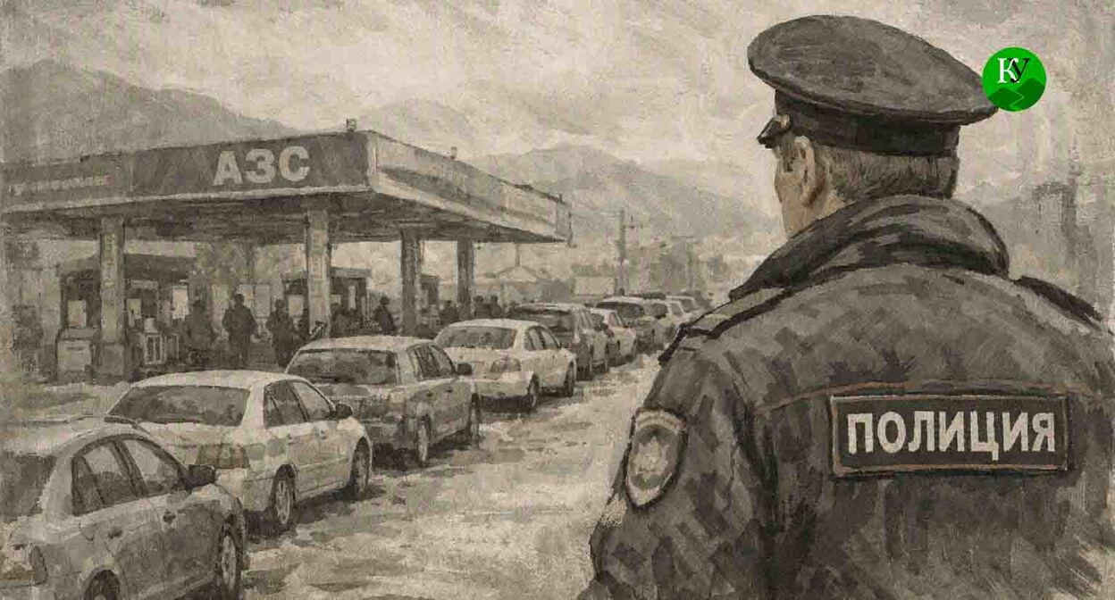 A police officer and a queue at a gas station. Illustration created by "Caucasian Knot" using AI in the Copilot program.