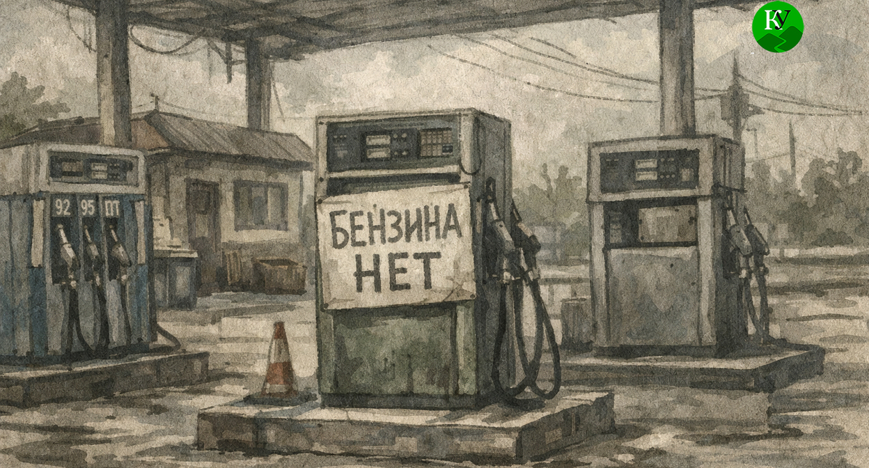 Announcement at the gas station about the lack of gasoline. Illustration created by "Caucasian Knot" using AI in the Copilot program.