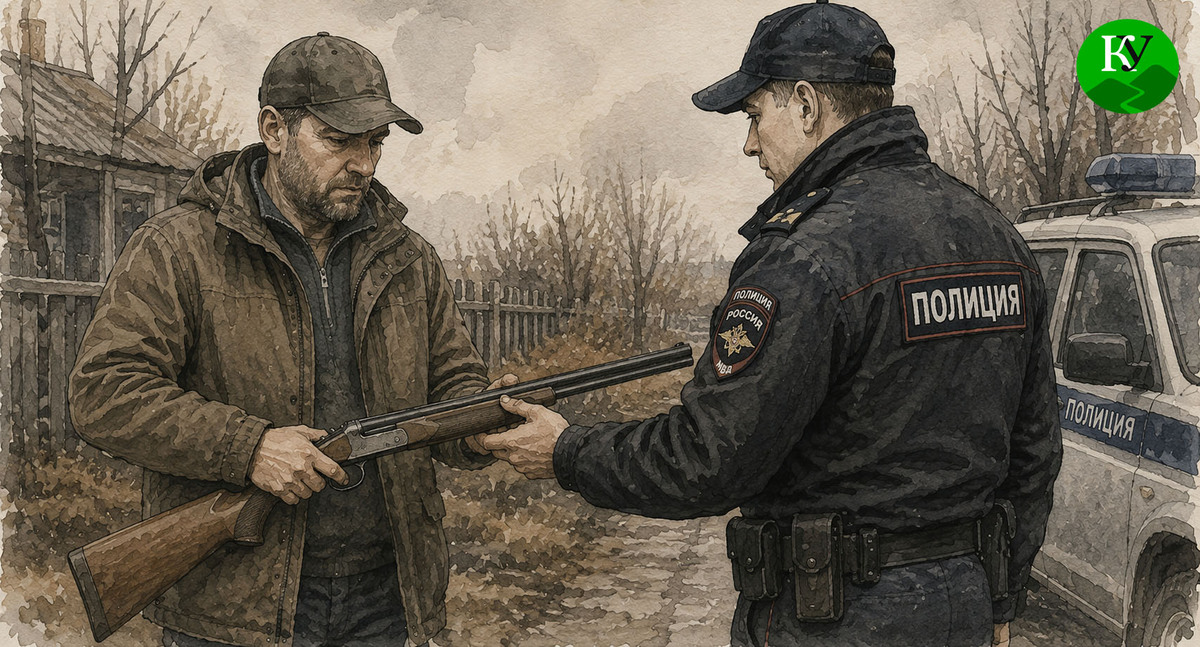 A police officer takes the rifle from the man. Illustration created by "Caucasian Knot" using AI in the Copilot program.