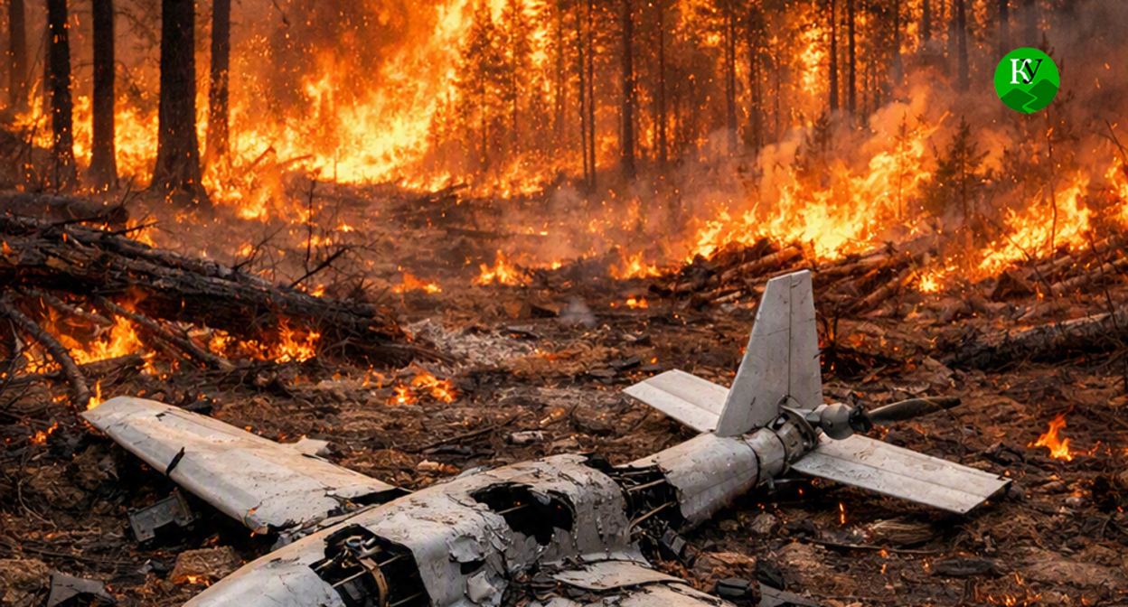 Debris from the UAV and a fire in the forest.
Illustration created by "Caucasian Knot" using AI in the Copilot program. Debris from the UAV and a fire in the forest.
Illustration created by "Caucasian Knot" using AI in the Copilot program.