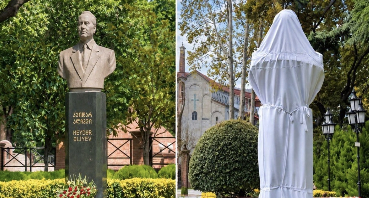 The damaged bust of Heydar Aliyev in Tbilisi. Screenshot of a publication on the abc.az page on social media The damaged bust of Heydar Aliyev in Tbilisi. Screenshot of a publication on the abc.az page on social media