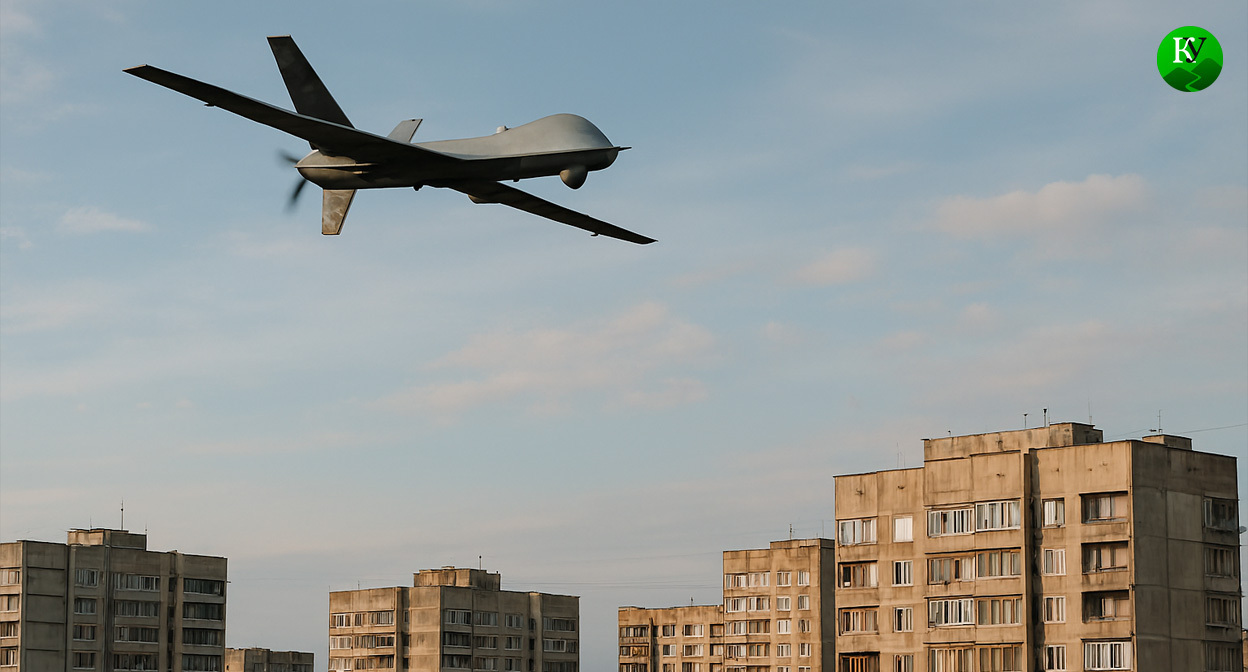 Drones against the backdrop of the city. Illustration created by the "Caucasian Knot" using AI in the Copilot program.