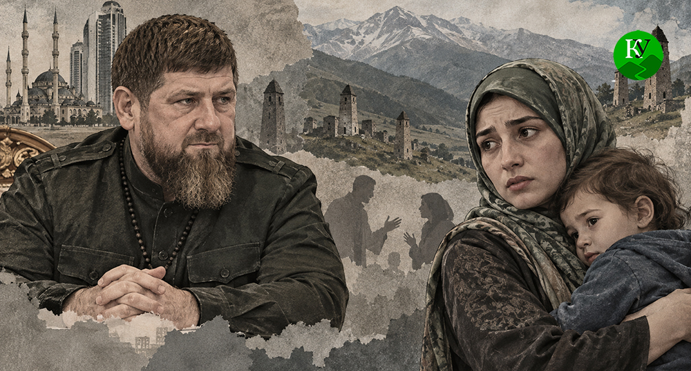 Ramzan Kadyrov and a woman with a child. Illustration created by "Caucasian Knot" using AI in the Copilot program.