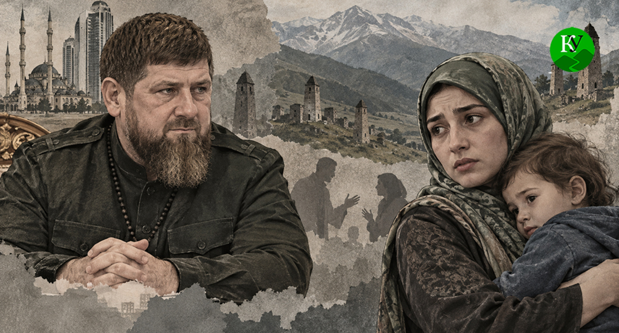 Ramzan Kadyrov and a woman with a child. Illustration created by "Caucasian Knot" using AI in the Copilot program. Ramzan Kadyrov and a woman with a child. Illustration created by "Caucasian Knot" using AI in the Copilot program.
